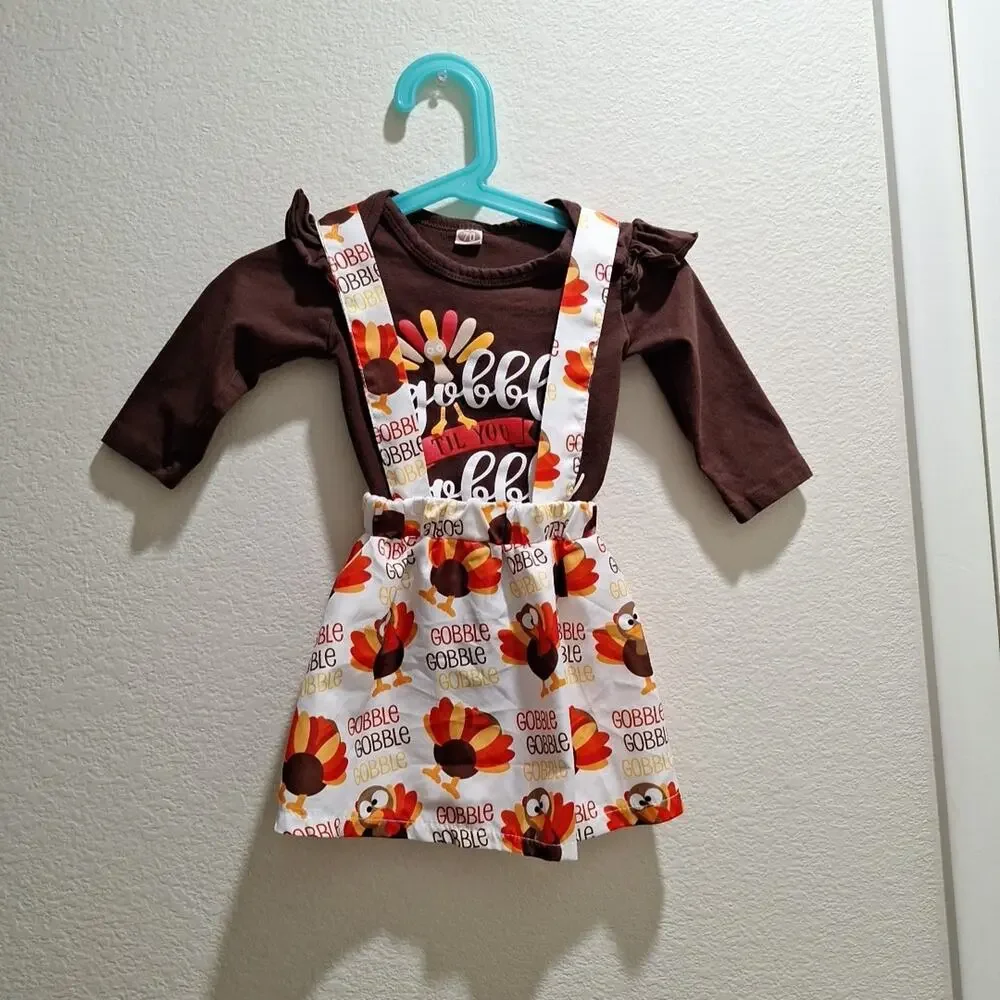 Thanksgiving Outfit Bodysuit and Skirt 6-9m Baby Girl Gobble Til You Wobble